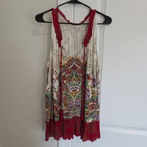 Bila Colorful Red/White Rayon Tank Top with Tassle Tie. Size XL.